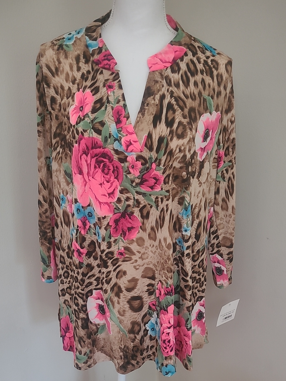 Floral Leopard Print V-Neck Tunic Top - Pink Floral